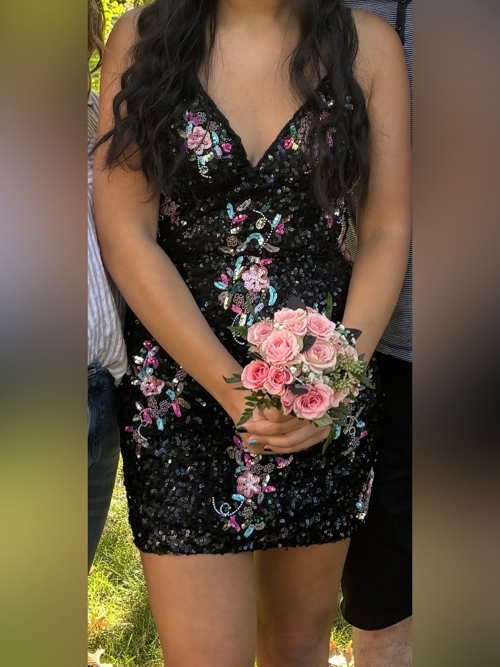 Aleta Black Sequin Floral Embellished Mini Dress - Black with Pink Accents